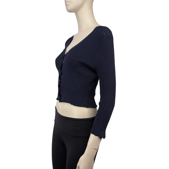 IRIS SETLAKWE Cropped Ribbed & Textured 3/4 Sleeves Designer Navy Blue Sweater S - Picture 3 of 9